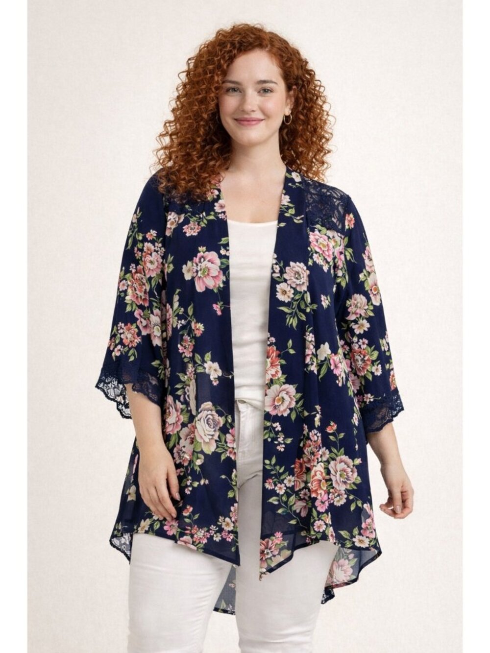 Emma & Olive Kimono XL Navy Floral Lace Bell Sleeves Cardigan Cottagecore Boho